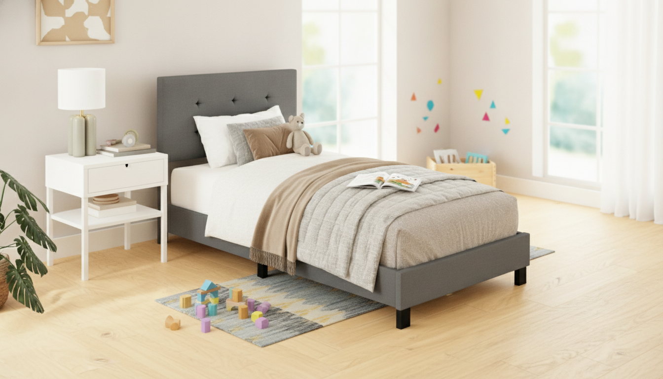Gray Linen Upholstered Twin Bed: Cozy, Kid-Ready